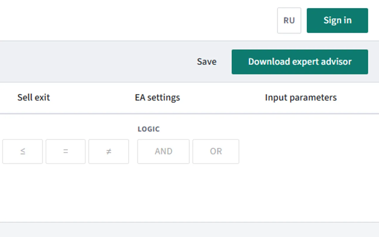 The "Download expert advisor" button in the Botmentis builder