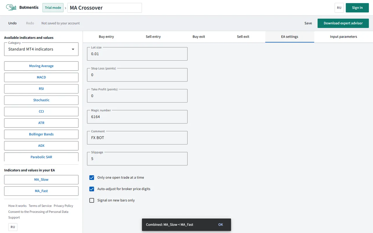 The EA settings tab: lot size, Stop Loss, Take Profit and other trading settings